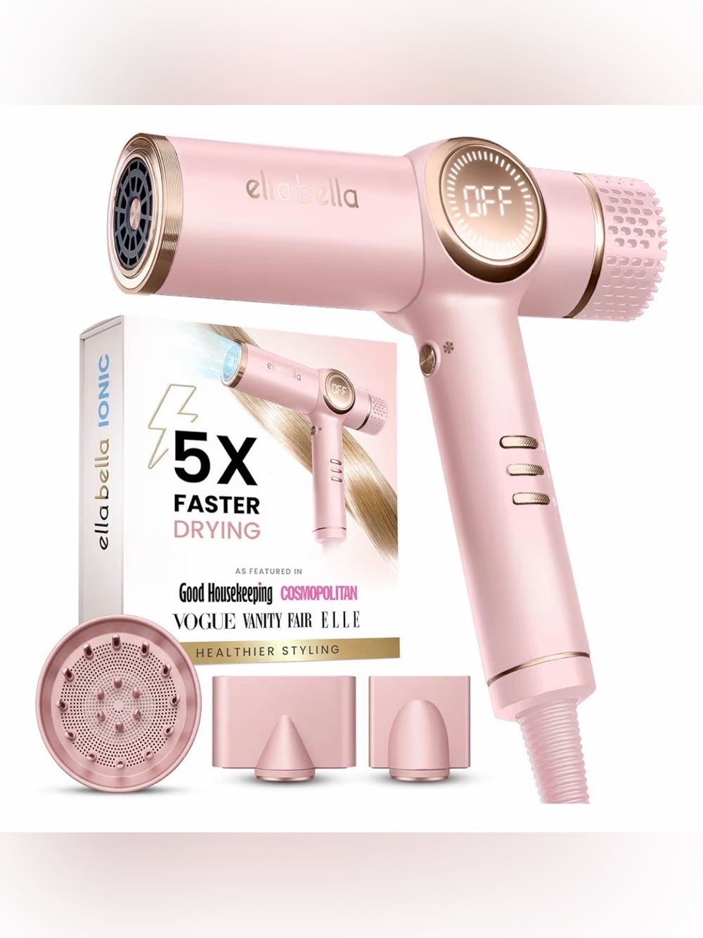 ELLA BELLA® Professional Ionic Hair Dryer with Diffuser, Negative Ion Blow Dryer